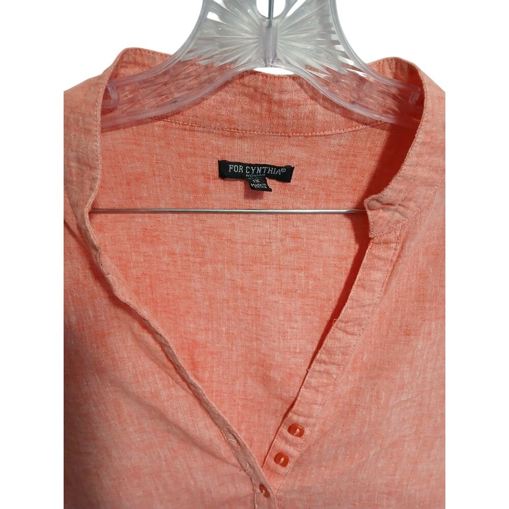 For Cynthia Womens Coral Linen Tunic Top Button Front 3/4 Sleeves Size XL Plus - Picture 2 of 13